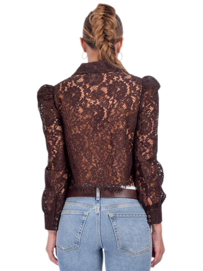 L'AGENCE Anita Lace Button Down Blouse in Dark Brown Back View 