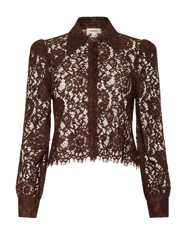L'AGENCE Anita Lace Button Down Blouse in Dark Brown Product Shot 