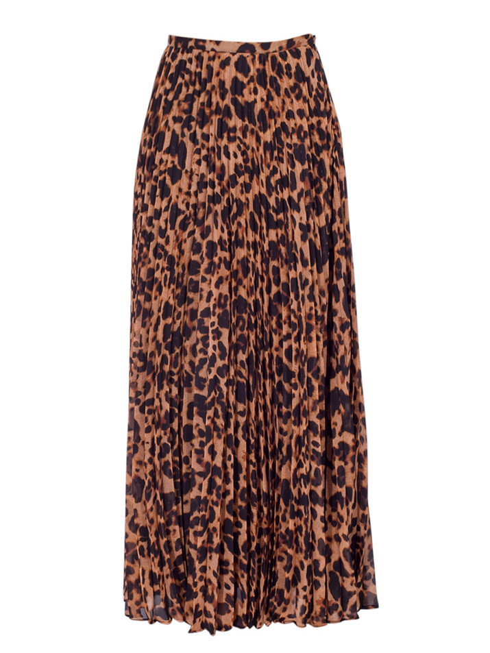 L'AGENCE Torin Pleated Maxi Skirt in Brown Multi Leopard