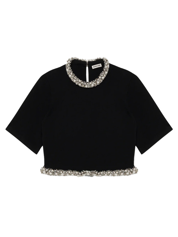 SIMKHAI Ozelle Embellished Knit Crop Top in Black