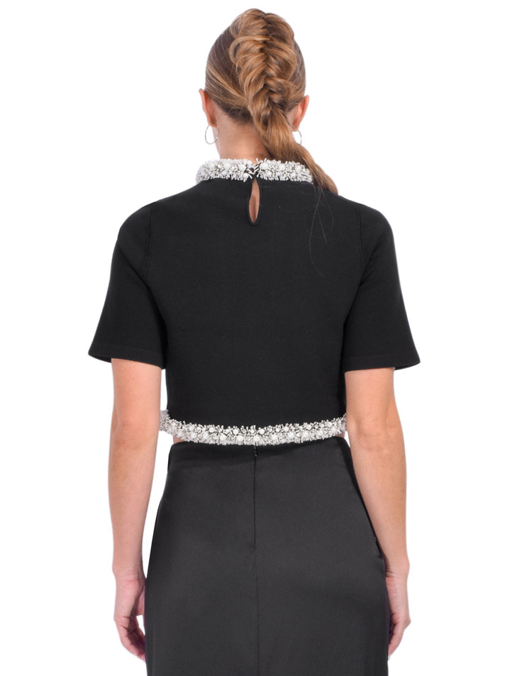 SIMKHAI Ozelle Embellished Knit Crop Top in Black Back View 