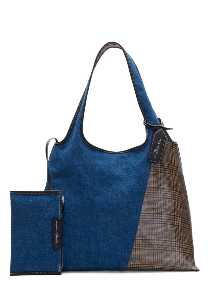 3.1 PHILLIP LIM Denim Patchwork Market Tote in Indigo Multi Front View with Inside Pouch
