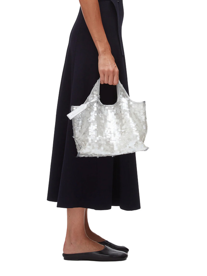 3.1 PHILLIP LIM Mesh Sequin Mini Market Tote in Silver on Model 