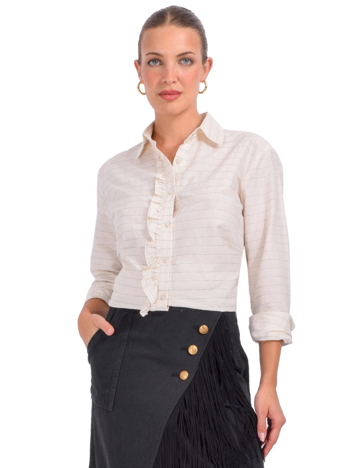 Cissa Waterfall Top in Cream Stripe Front View 