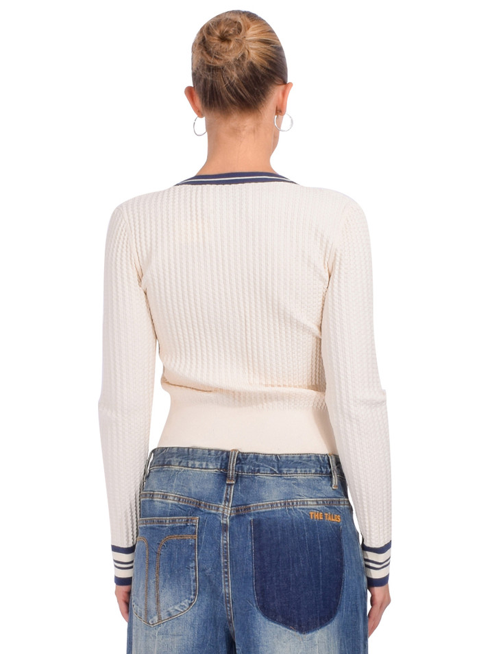 3.1 Phillip Lim Textured Rib Cardigan in Ecru-Navy Back View 