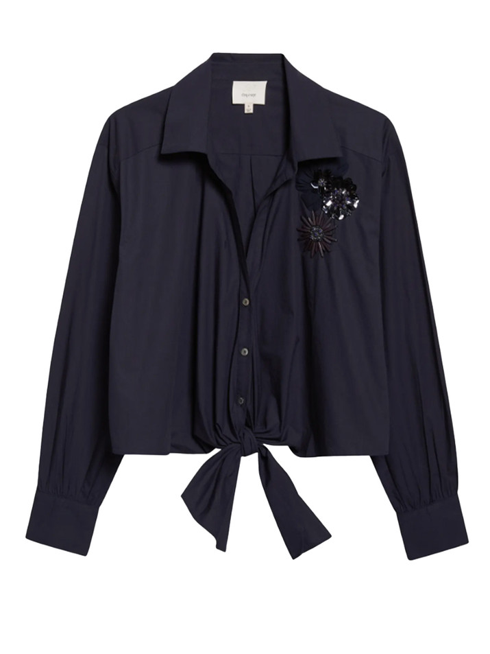 CINQ À SEPT Marianna Crunchy Flower Appliqué Top in Navy Product Shot 
