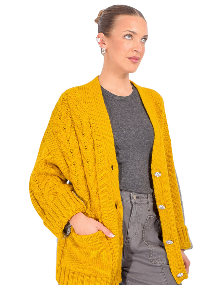 ESSENTIEL ANTWERP Jokes Cardigan in Yellow/Gray Side View 