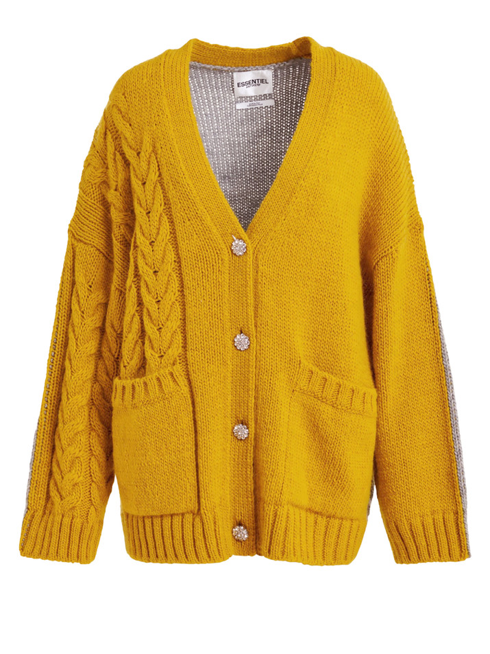 ESSENTIEL ANTWERP Jokes Cardigan in Yellow/Gray Product Shot 