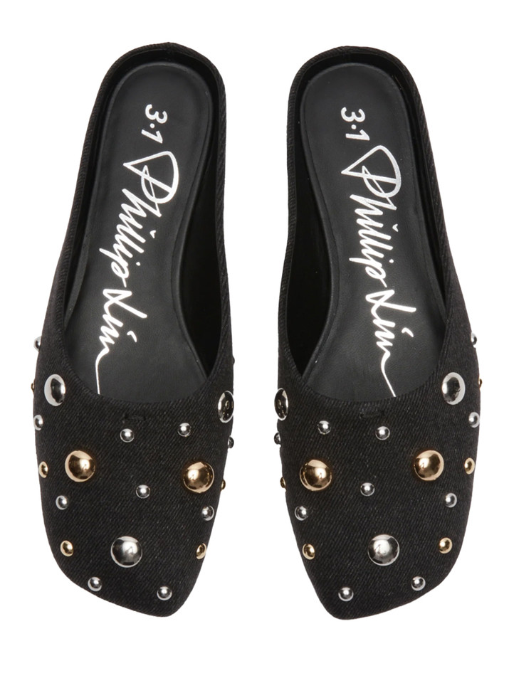 3.1 PHILLIP LIM ID Mule Flat in Black with Dome Embellishment Top View 