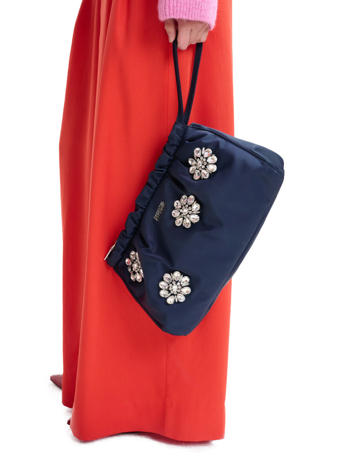 ESSENTIEL ANTWERP Jimone Embellished Pouch in Blue on Model 2