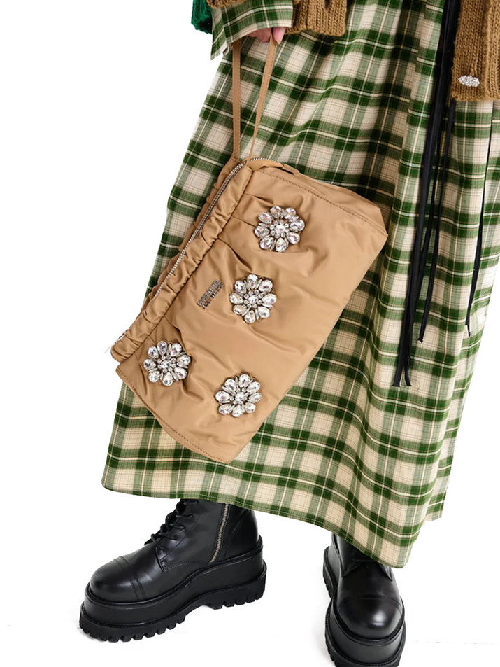 ESSENTIEL ANTWERP Jimone Embellished Pouch in Beige on Model 1