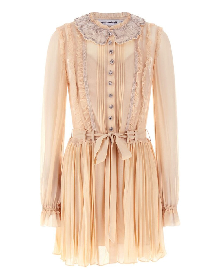 SELF-PORTRAIT Georgette Pleated Dress in Tan Product Shot 

