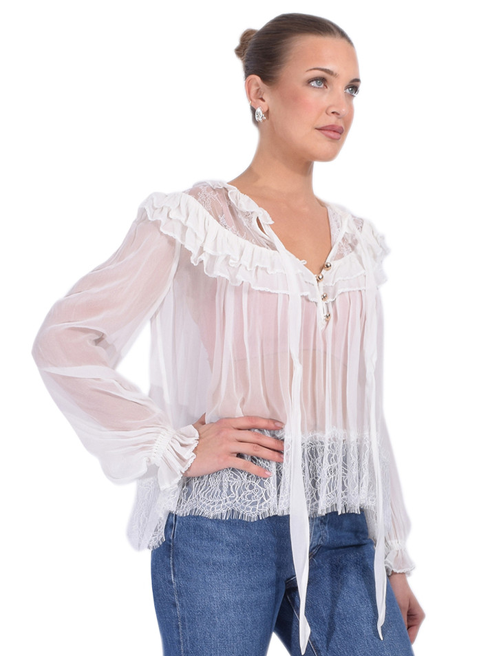 SELF-PORTRAIT Georgette Lace Blouse in White Side View 