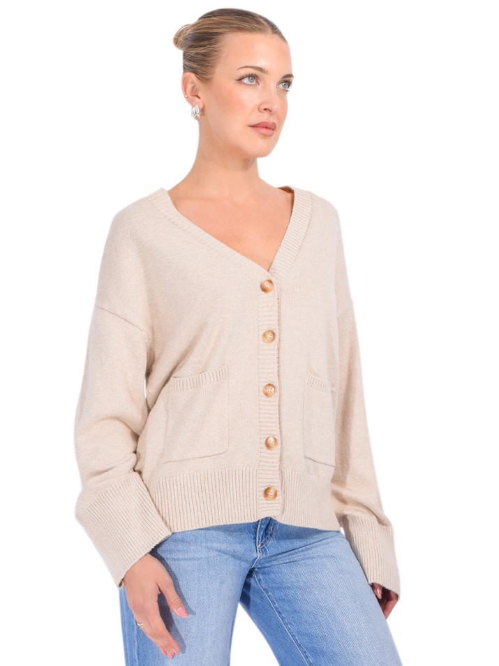 MINNIE ROSE Luxe Cotton Blend V Neck Cardigan in Wheat Side View 