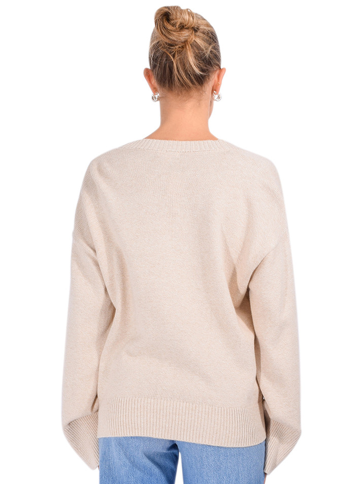 MINNIE ROSE Luxe Cotton Blend V Neck Cardigan in Wheat Back View 