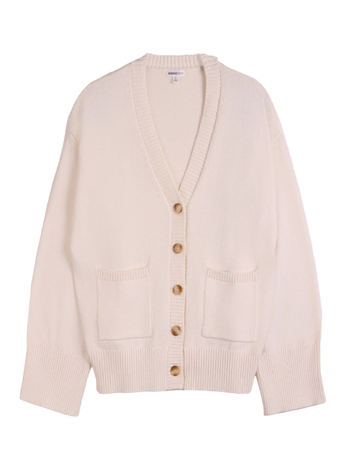 MINNIE ROSE Luxe Cotton Blend V Neck Cardigan in Wheat Product Shot 