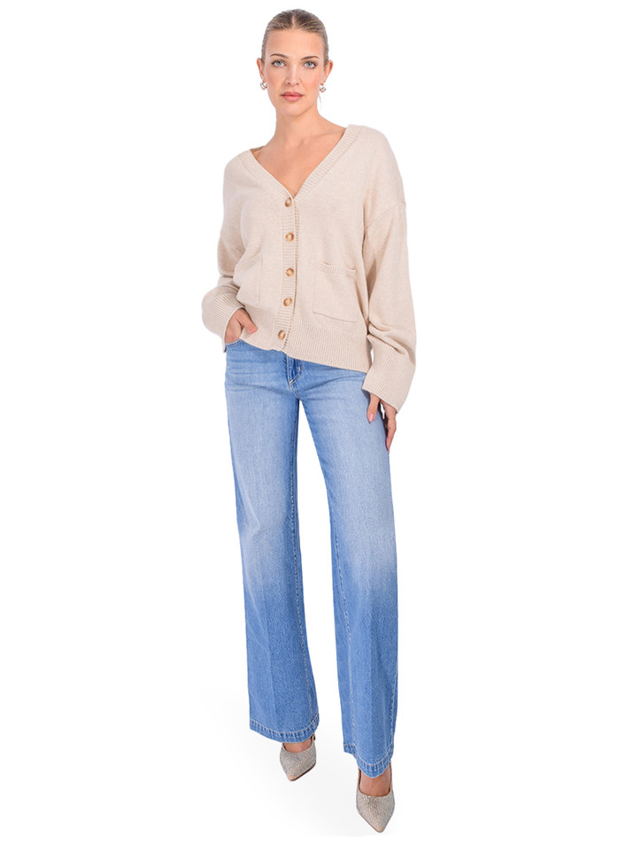MINNIE ROSE Luxe Cotton Blend V Neck Cardigan in Wheat Front View 2
