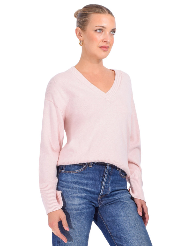 MINNIE ROSE Luxe Cotton Blend Boxy V Neck in Pink Side View 