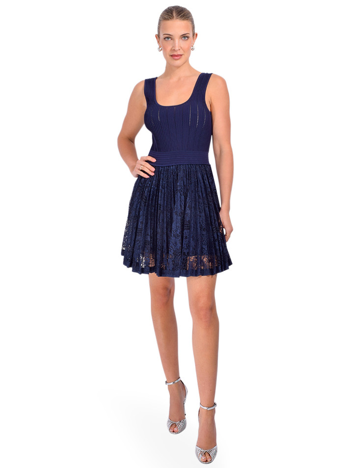 SIMKHAI Ellis Knit Lace Mini Dress in Midnight Front View 2
