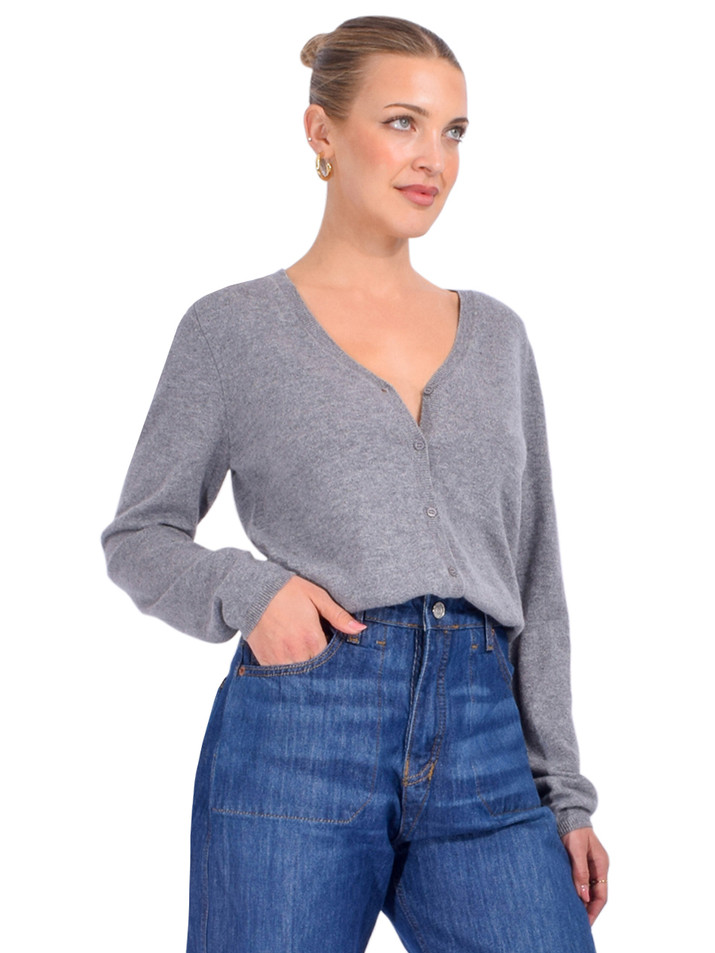 FRAME Cashmere V Cardigan in Gray Side View 