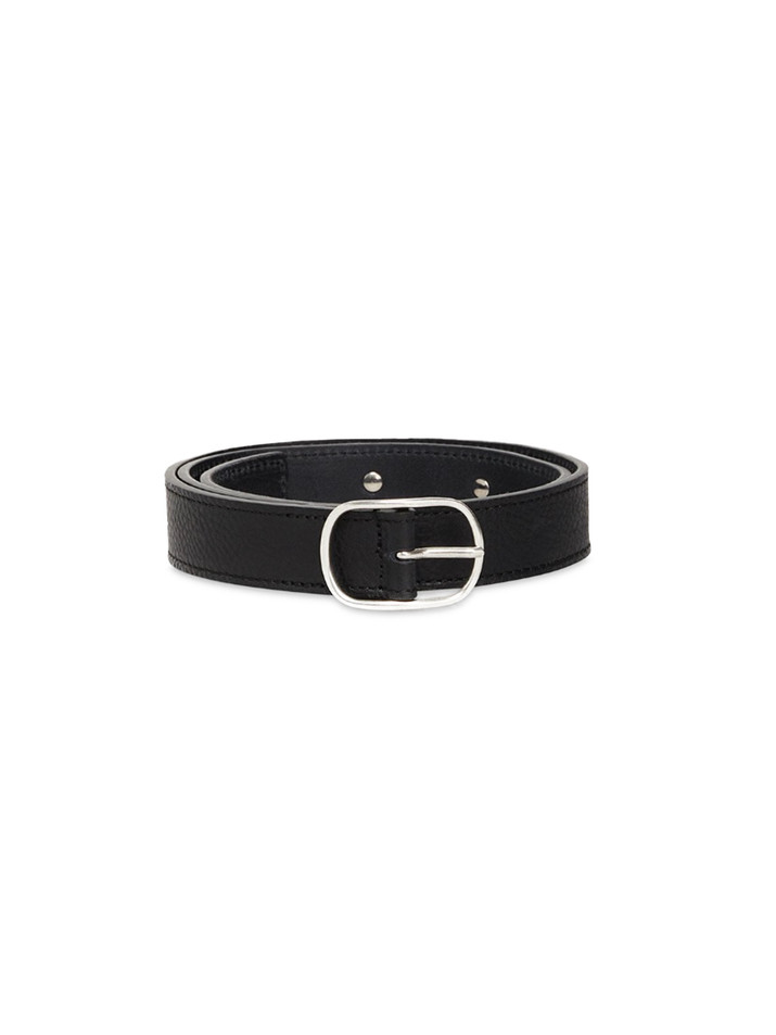 OTTOD'AME Thin Leather Belt with Silver Rings in Black Front View 2