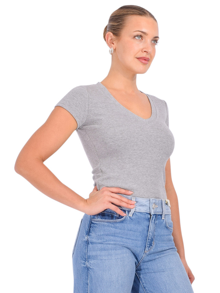 E MARIE Sophia V-Neck Tee in Gray Side View 
