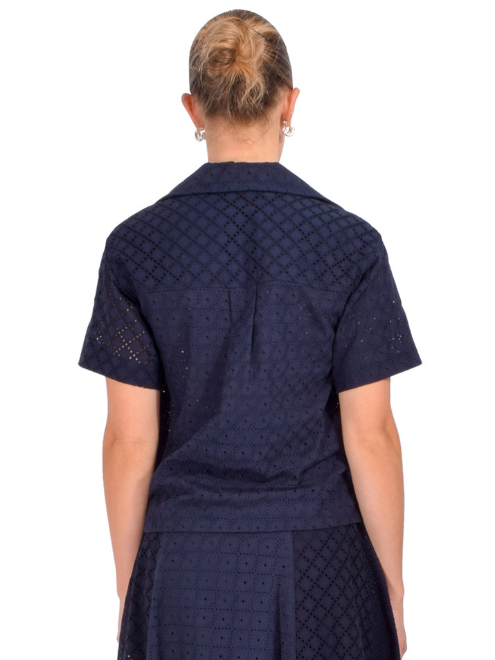 3.1 PHILLIP LIM Broderie Anglaise Patchwork Camp Shirt in Midnight Back View 