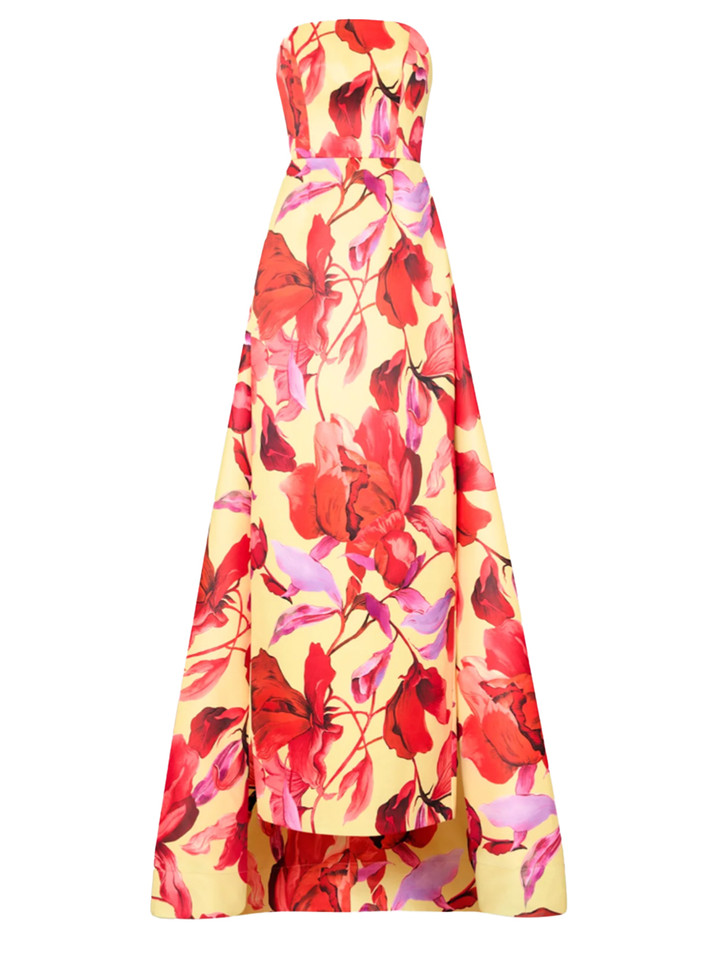 MILLY Dorothy Printed Taffeta Dress in Lemon/Red Product Shot 