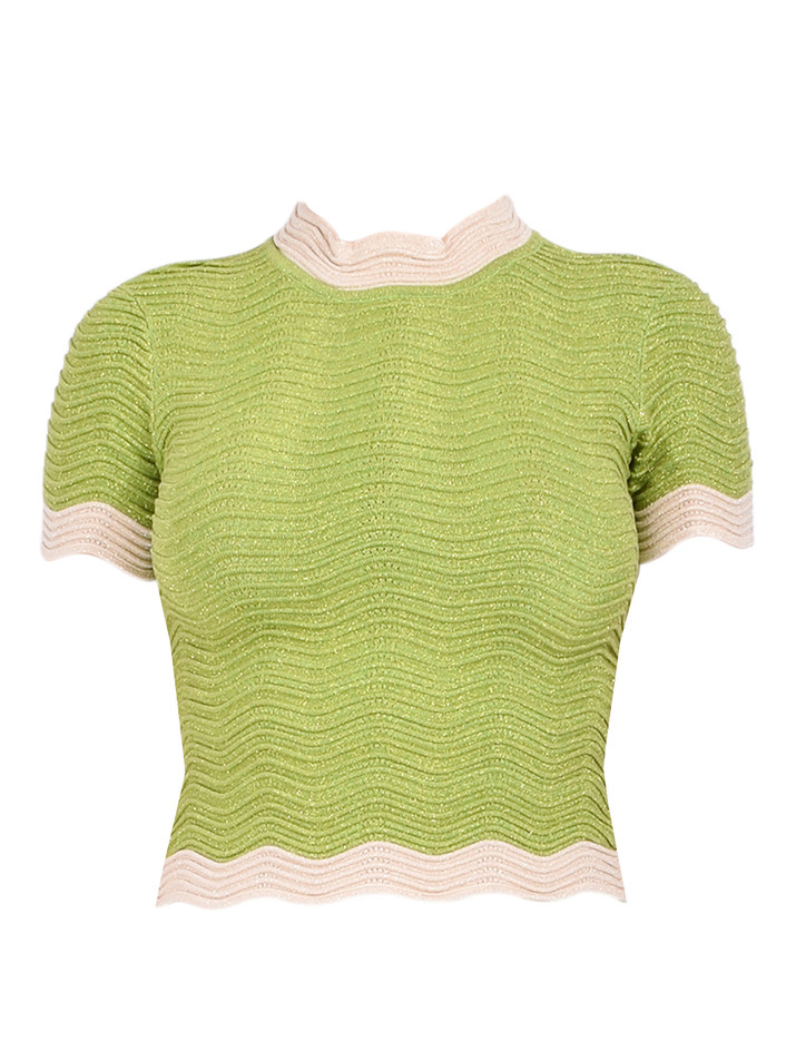 RETROFÊTE Iyla Rib Knit Top in Kiwi/Ivory Product Shot 