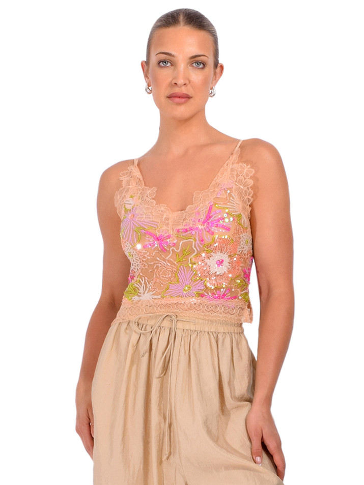 LE SUPERBE Sequin Flori Culture Cami Front View 