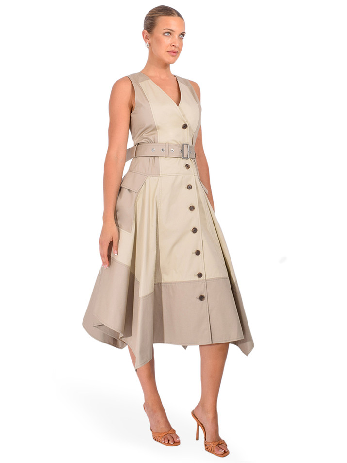 3.1 PHILLIP LIM Patchwork Sleeveless Belted Utility Dress in Khaki-Birch Side View 

