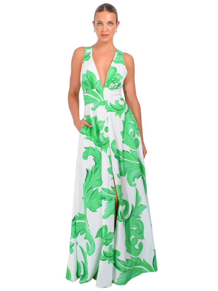 MILLY Catarina Printed Poplin Dress in Green/White Front View 1