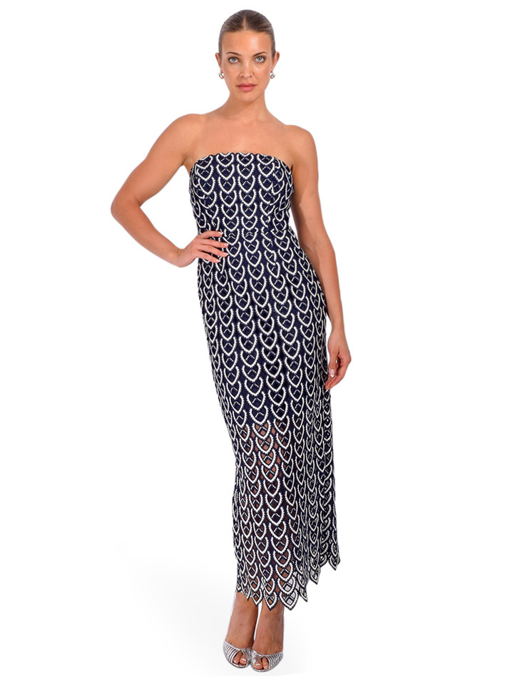 MILLY Kait Lace Midi Dress in Navy/White Front View 2