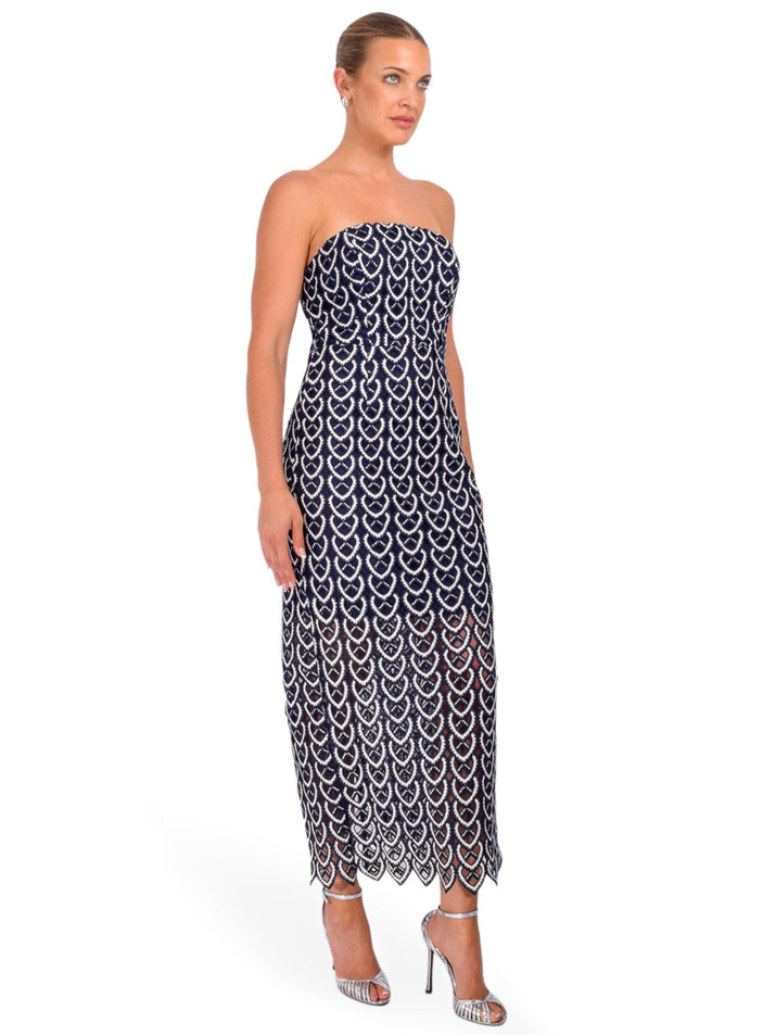 MILLY Kait Lace Midi Dress in Navy/White Side View 