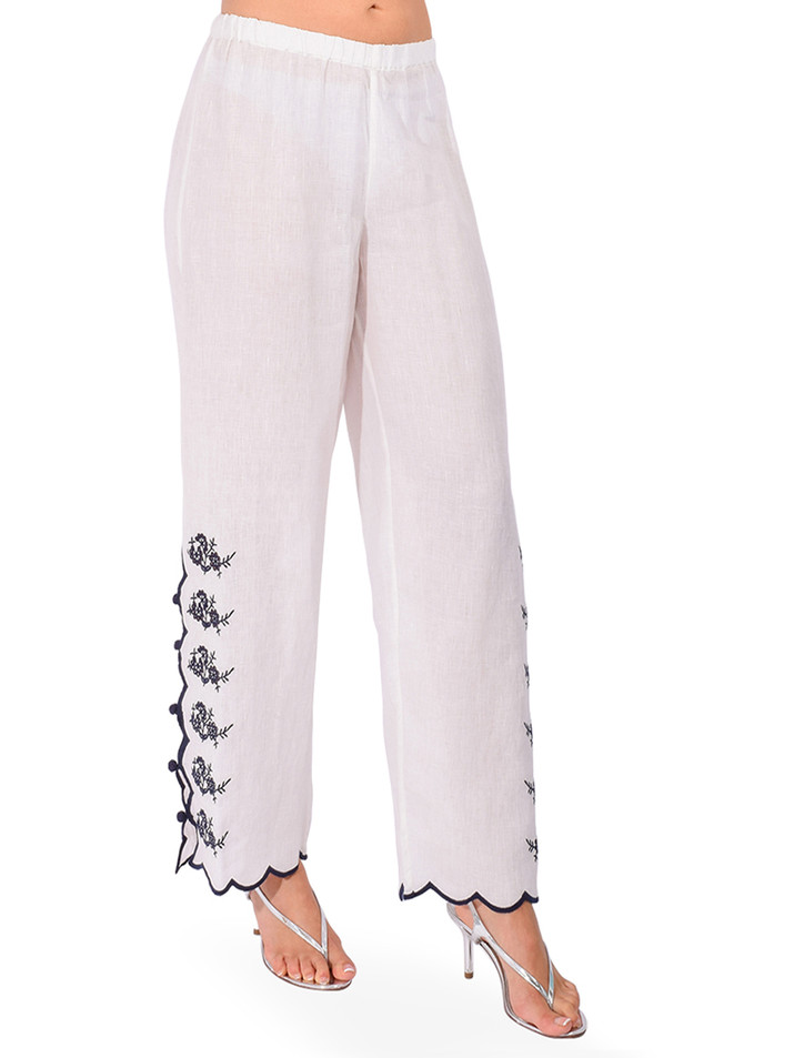 CAMI NYC Madrid Embroidered Linen Pant in White Side View 
