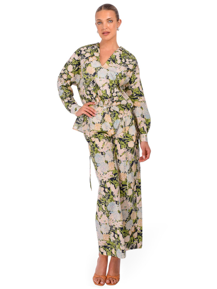 OTTOD'AME Cotton Shirt With Drawstring in Green Floral Multi Full Outfit 