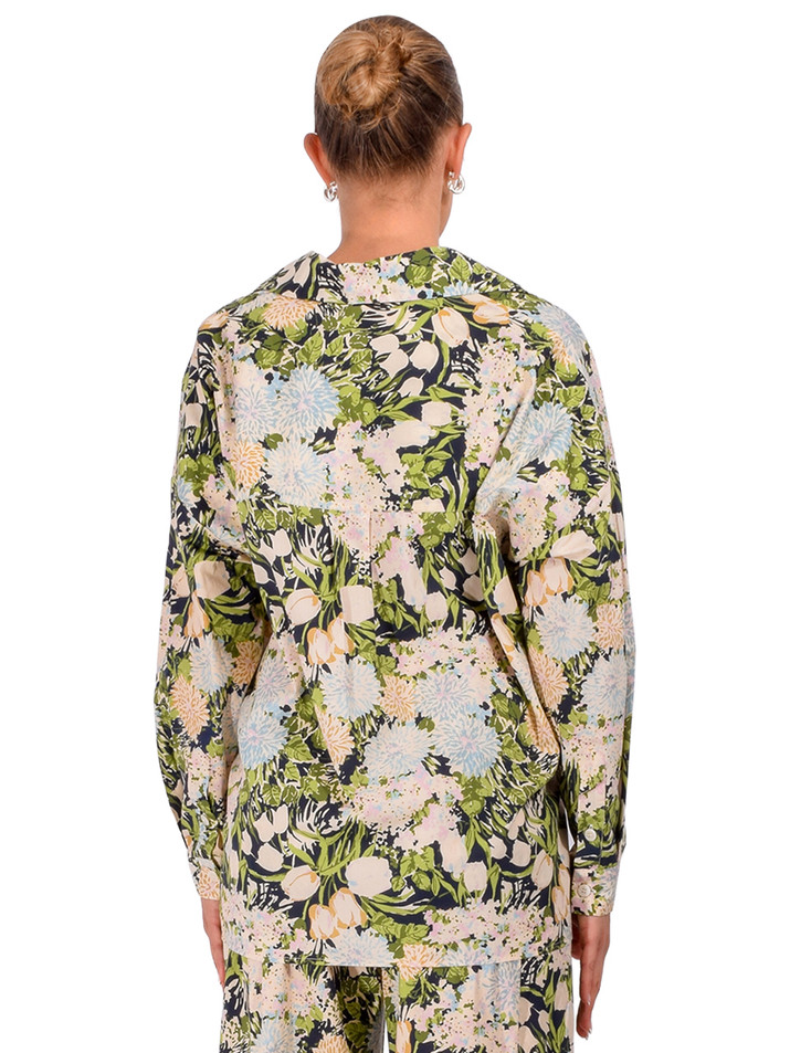 OTTOD'AME Cotton Shirt With Drawstring in Green Floral Multi Back View 

