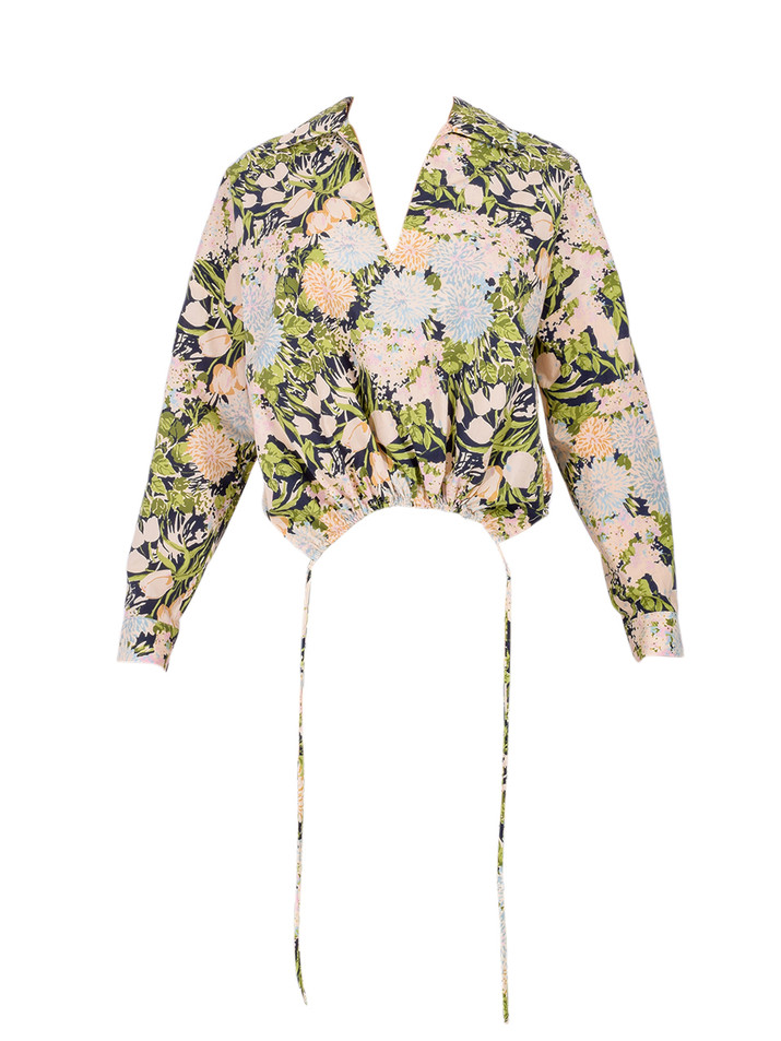 OTTOD'AME Cotton Shirt With Drawstring in Green Floral Multi Product Shot 

