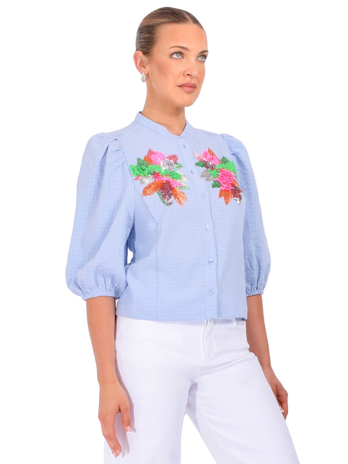 ESSENTIEL ANTWERP Jaiden Embellished Shirt in Nile Blue Side View 