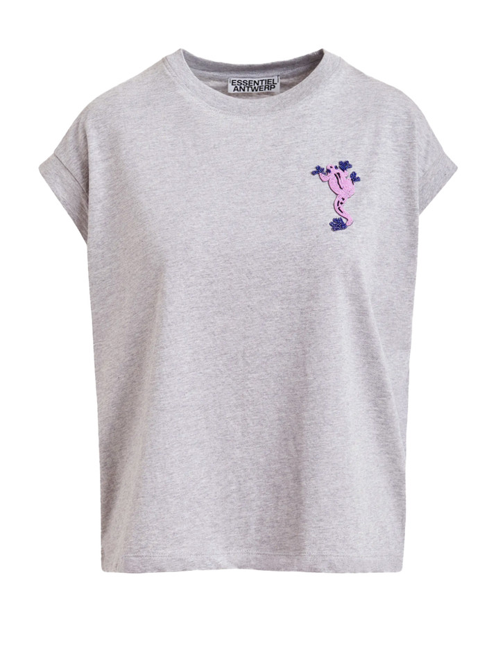 ESSENTIEL ANTWERP Jungala Embroidered T-Shirt in Gray Product Shot 