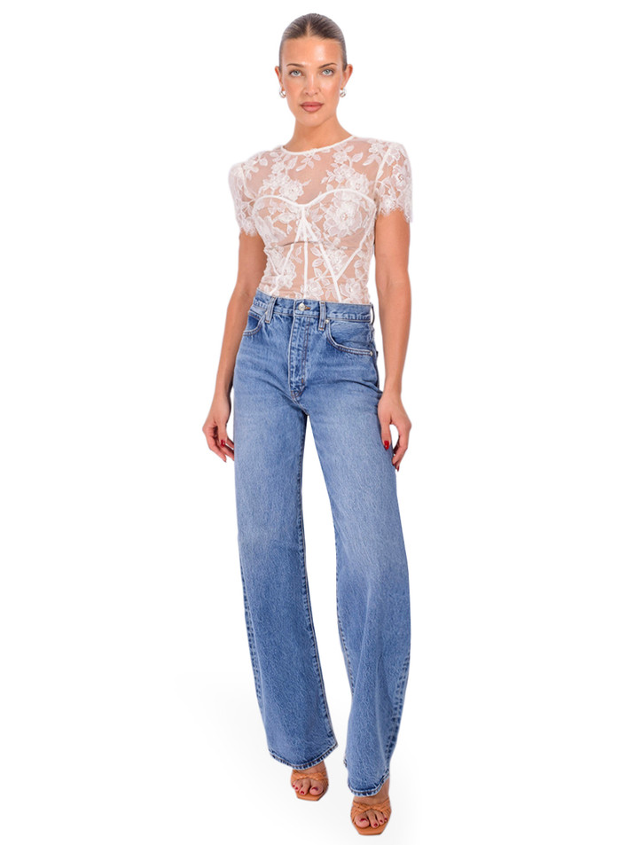 SELF-PORTRAIT Sequin Lace Top in Cream Full Outfit 