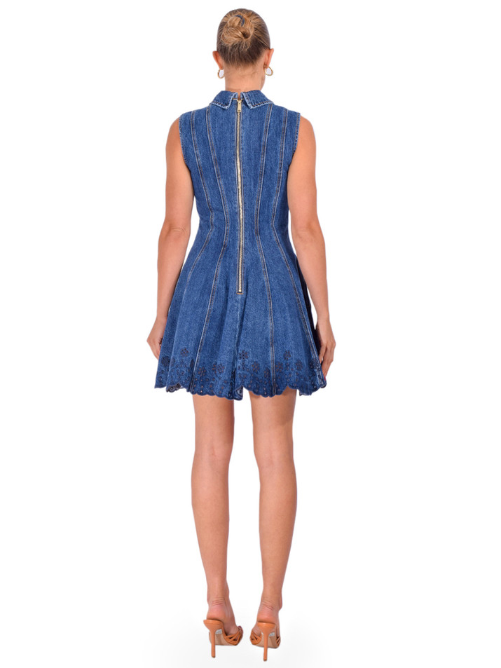 SELF-PORTRAIT Denim Broderie Mini Dress in Blue Back View 