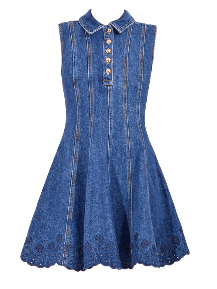 SELF-PORTRAIT Denim Broderie Mini Dress in Blue
