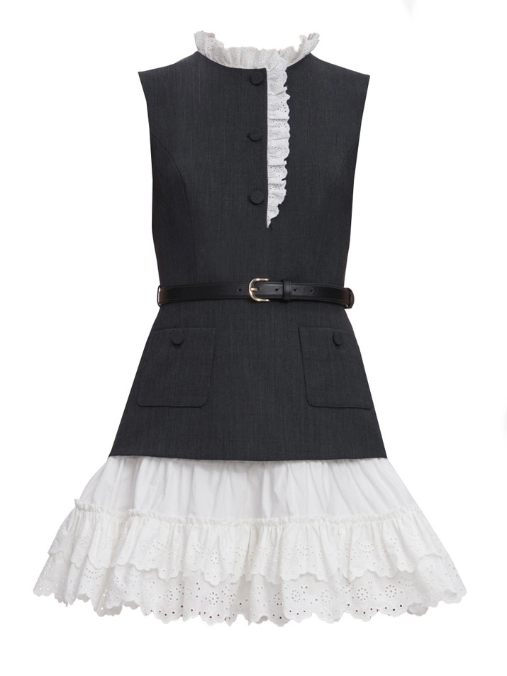 SELF-PORTRAIT Tailored Cotton Frill Mini Dress in Gray Product Shot 
