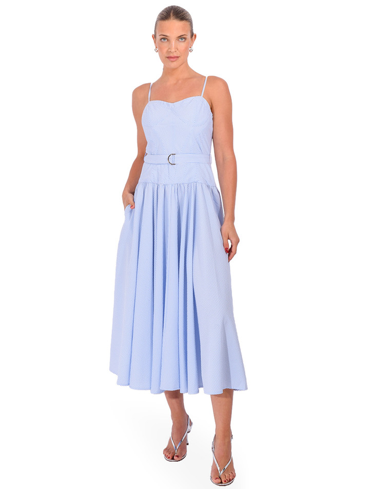 KARINA GRIMALDI Mavi Dress in Blue Stripe Front View 1