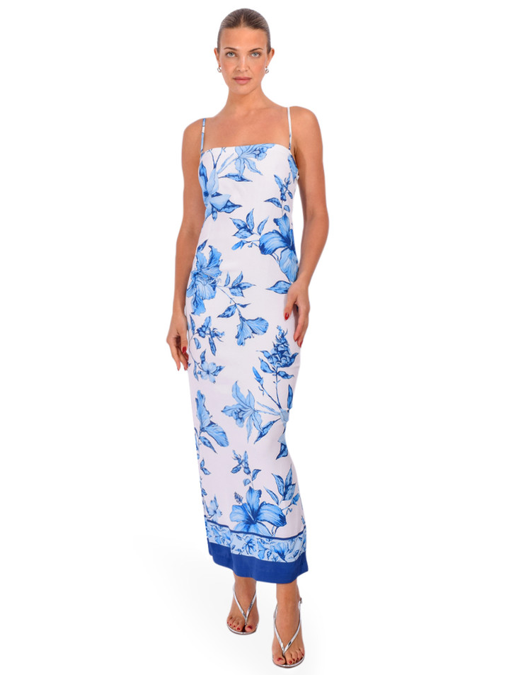 ROCOCO SAND Milo Strappy Midi Dress in White/Blue Front View 2

