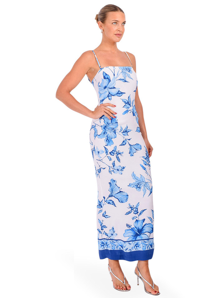ROCOCO SAND Milo Strappy Midi Dress in White/Blue Side View
