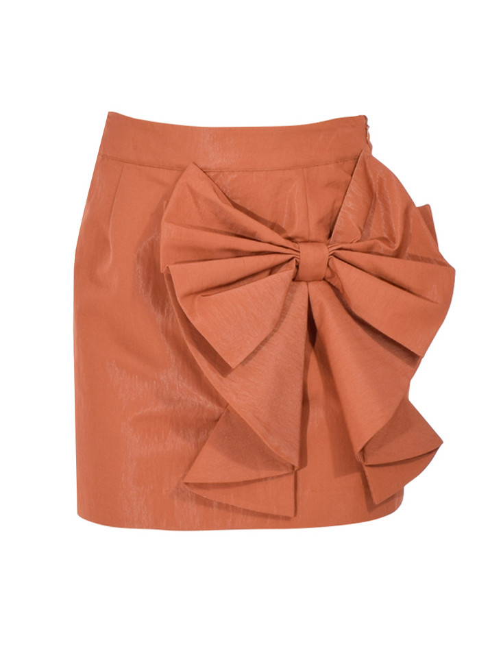 ESSENTIEL ANTWERP Joyous 3D Bow Mini Skirt in Brown Product Shot 