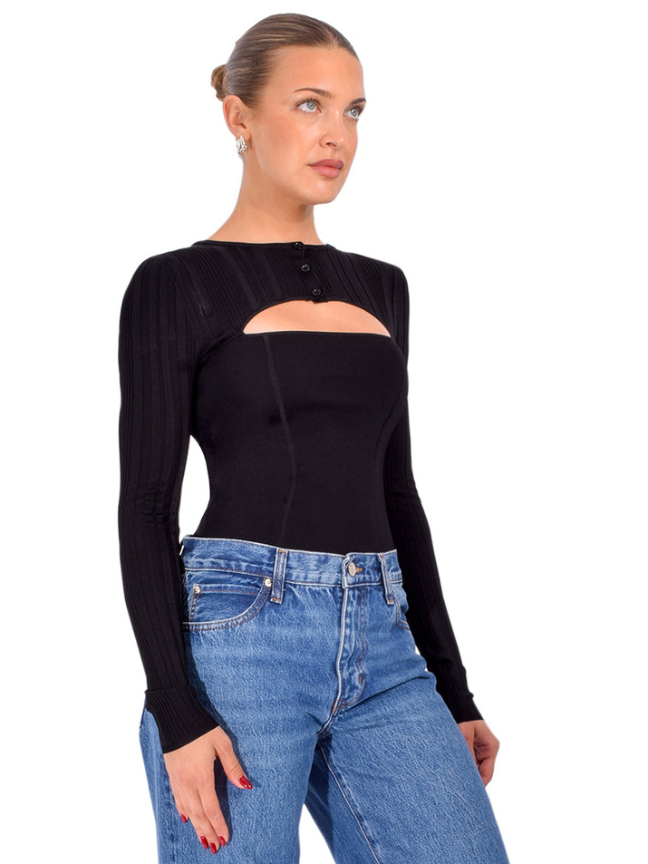 FLEUR DU MAL Rib Shrug Bodysuit in Black Side View 