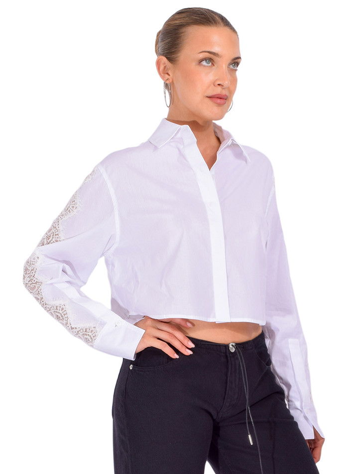 SIMKHAI Renata Cropped Shirt with Lace Detail in White Side View 